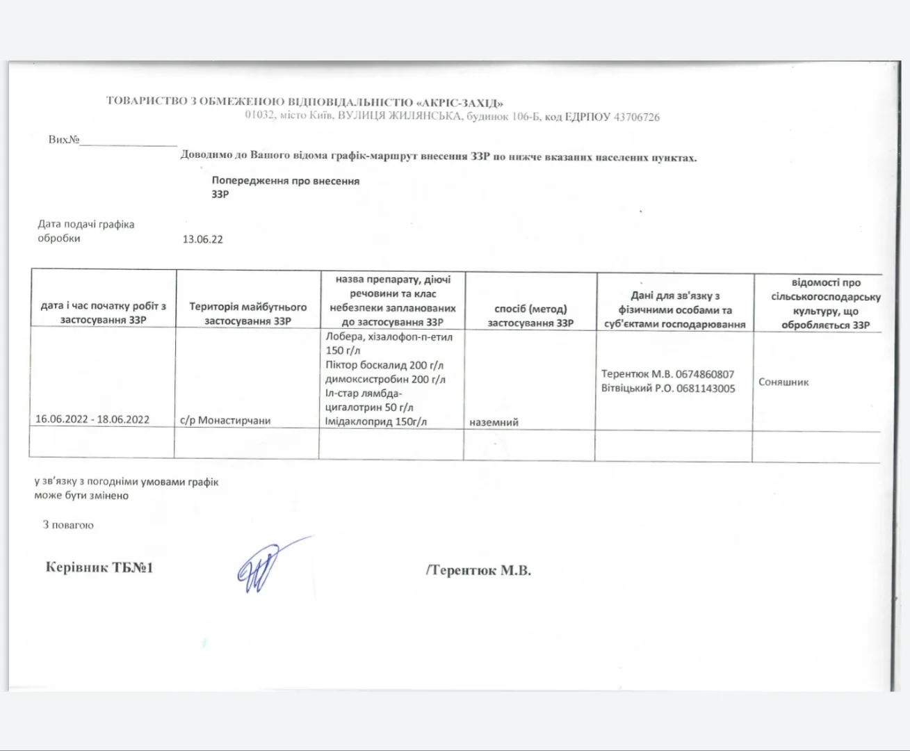 Попередження про внесення ЗЗР в с. Монастирчани.